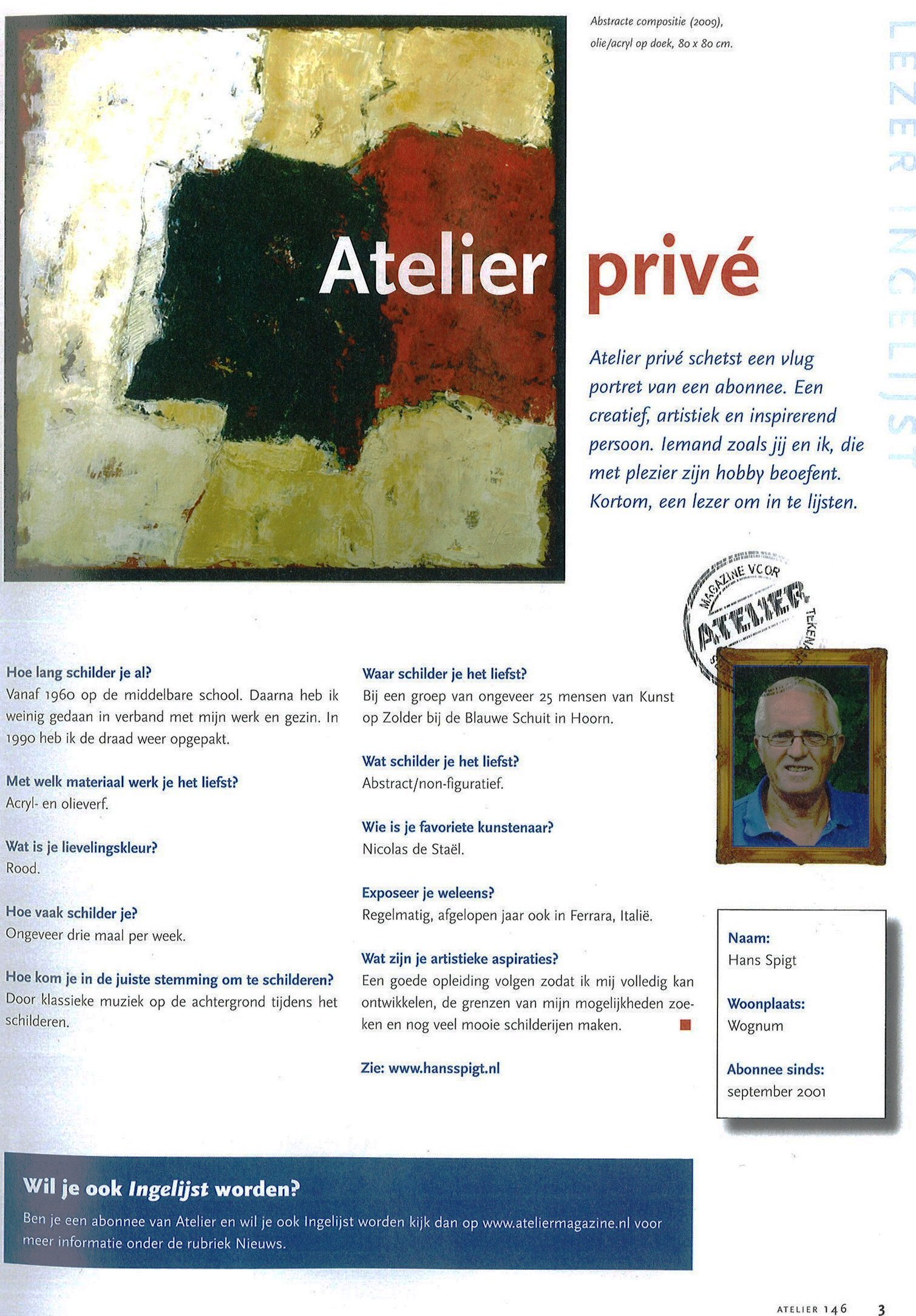 Artikel in ”ATELIER” magazine  nummer 146 voor tekenaars en schilders