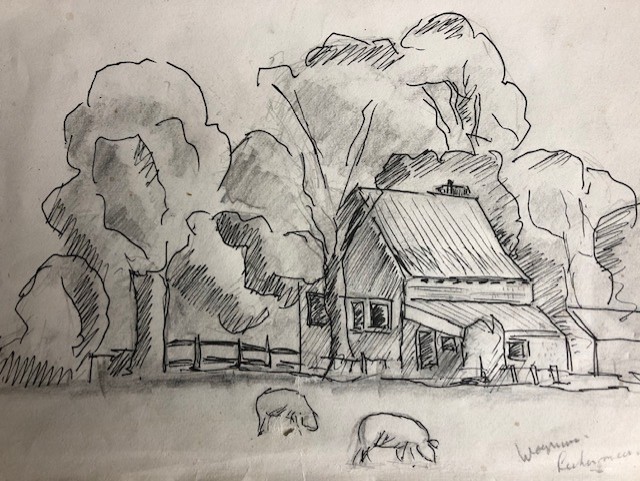 Tekening  ter plaatse gemaakt en aquarel van een woning in de Leerkermeer